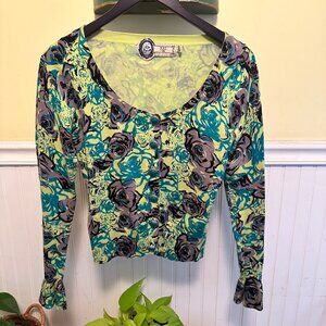 Forever 21 Vintage Y2K 2000s green Floral cardigan Sweater decorative Buttons S